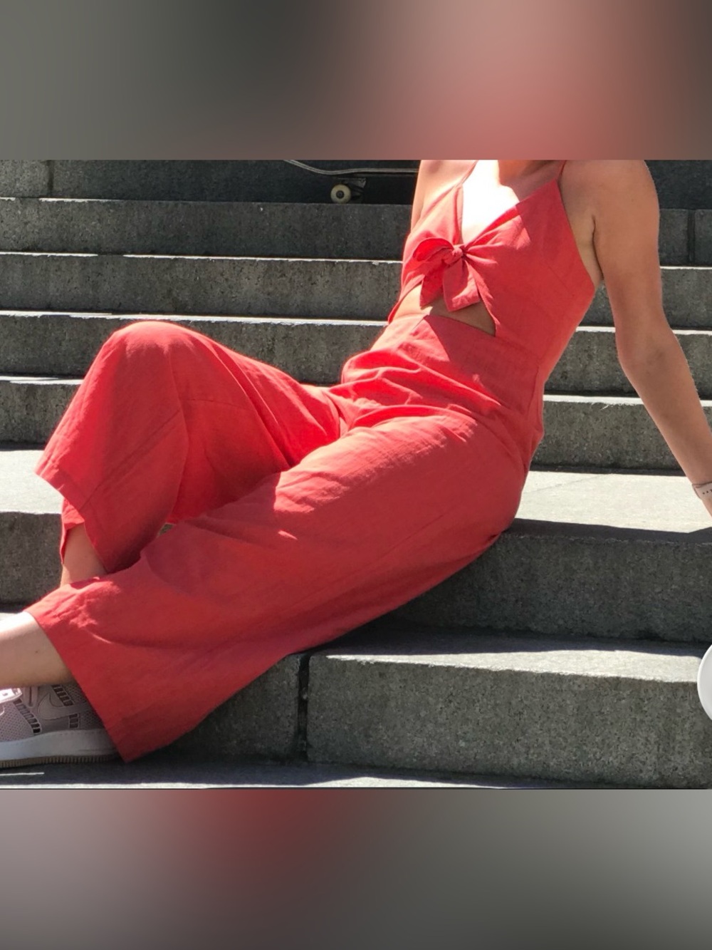 Sleeveless Coral Tie-Front Wide-Leg Jumpsuit